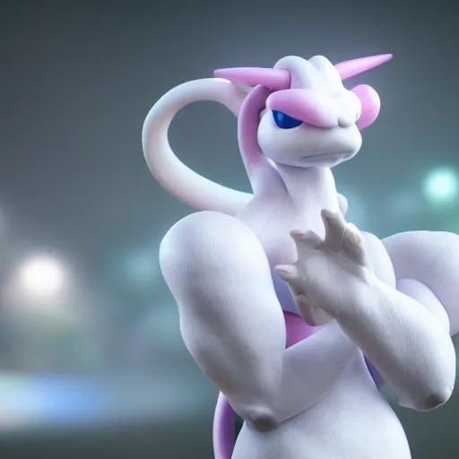 Image similar to photography of a realistic mewtwo animal, ultra detailed, 8 k, cinematic lighting, natural background, trending on artstation, pokemon