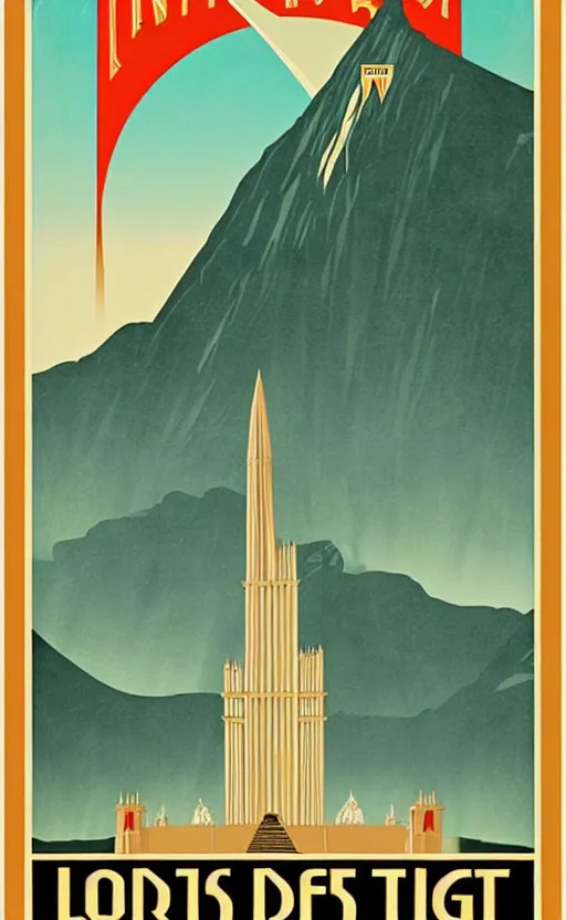 Prompt: art deco travel poster. visit minas tirith, lord of the rings