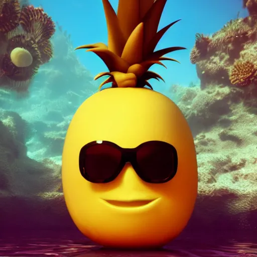 Prompt: a single delicious pineapple with cool sunglasses and a big smile with teeth floating underwater, digital art, concept art, trending on DeviantArt, trending on Artstation, high quality, 8K HDR, octane render, unreal engine 5, path tracing, dramatic lighting, cinematic, highly detailed, medium shot