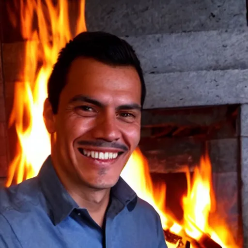 Prompt: photo of pedro sanchez very happy posing in front of a fire