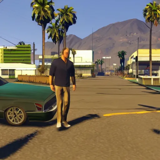 Image similar to Saul Goodman in GTA V . Los Santos in the background, palm trees. In the art style of Stephen Bliss.