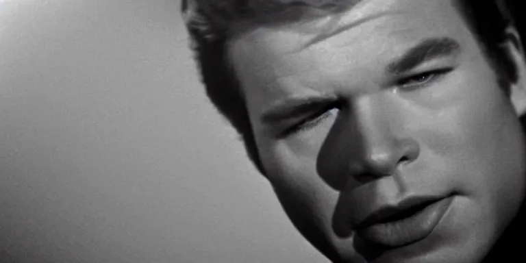 Prompt: photorealistic close up shot cinematography of young william shatner aka james t kirk acting in a twilight zone episode shot on film at magic hour with the sun shining into a large 6 0's hotel lobby room filled with volumetric haze by the shining cinematographer john alcott on a cooke panchro 6 5 mm macro lens.