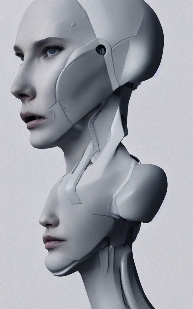 Image similar to white one cast futuristic biomechanics futuristic humanoid, beautiful face, female, futuristic, neon lights, cyberpunk, 8 k, digital painting, by beeple and makoto shinkai, trending on cg society, glamour pose, fashion photography, high fashion, canon r 3, photorealistic, hyper realistic, full body, wide angle shot