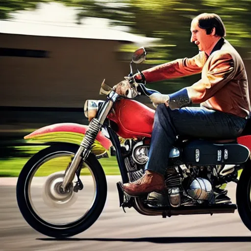 Image similar to A photo of Saul Goodman riding a motorcycle, highly detailed, 4k