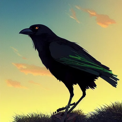 Image similar to a wholesome animation key shot of a crow on a green hill, portrait shot, studio ghibli, pixar and disney animation, sharp, anime key art by greg rutkowski, bloom, dramatic lighting, golden hour