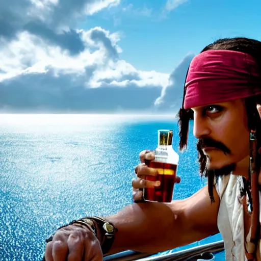 Prompt: captain jack sparrow drinking rum on a ship in the middle of the ocean, sun shining, wide angle, hd