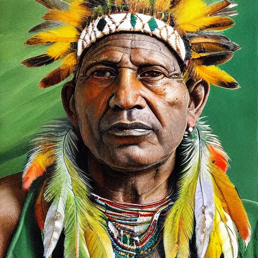 Prompt: high quality high detail painting by lucian freud, hd, indigenous tribe leader with many feathers, muted yellow and green colors, photorealistic lighting