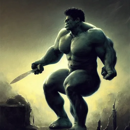 Image similar to artstation concept a midnight blue hulk jolding a meat cleaver, dusty, hyperdetailed, artstation trending, world renowned artists, worth 1 0 0 0. com, historic artworks society, antique renewel, cgsociety, by greg rutkowski, by gustave dore, deviantart