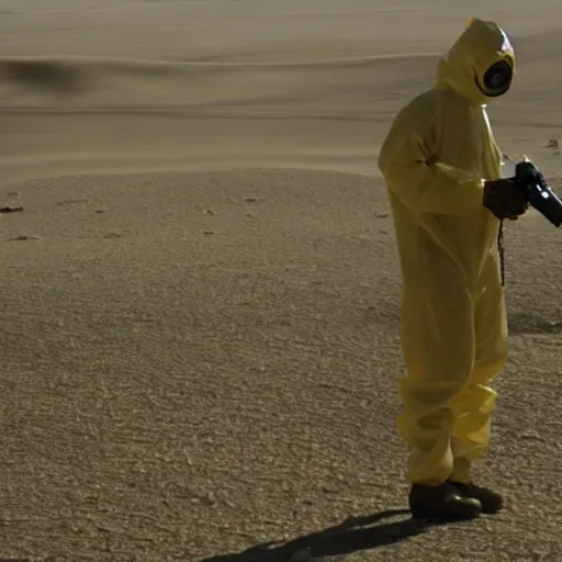 Image similar to a man wearing a hazmat suit and gasmask, in the desert, film still, directed by vince gilligan