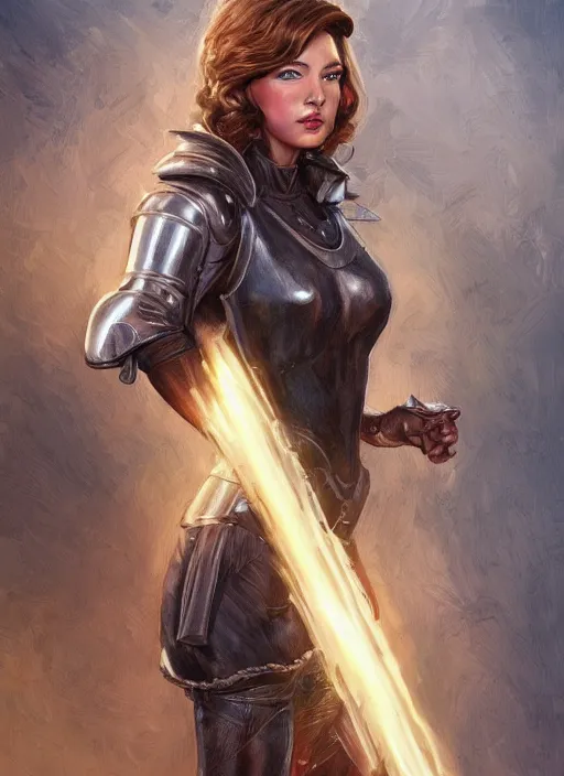 Image similar to beautiful female dorothy gale, rebecca romijn as dorothy, full body character concept, covered in full leather armor, armor plating, art nouveau, super powers, fantasy, intricate, elegant, highly detailed, digital painting, artstation, concept art, shining, sharp focus, illustration, art by stanley lau