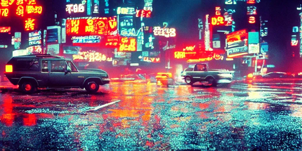 Image similar to a single ford bronco, speeding down tokyo highway in the rain, night time, neon lights, thunderstorm, movie still from the film bladerunner