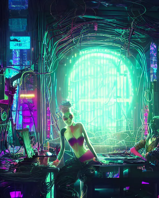 Prompt: grimes [ 3 d render, made of wires and metallic material ]!! sitting in a [ cyberpunk club ]!!, [ 4 k digital art ]!!, neon atmosphere, volumetric lighting, bioluminescent coloring, afrofuturism, illustrated by greg rutkowski and rajmund kanelba, cgsociety contest winner, intricate