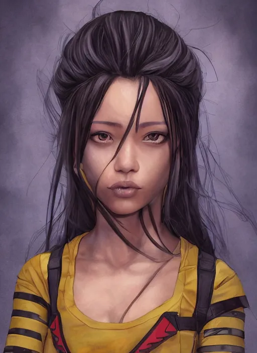 Image similar to An epic fantasy comic book style portrait painting of a young Malaysian woman, expressive, dark piercing eyes, staring at the viewer, tomboy, flat face, pouting, tan skin, beautiful futuristic hair style, monochromatic striped tank top with long sleeves, bare midriff, unreal 5, DAZ, hyperrealistic, octane render, cosplay, RPG portrait, dynamic lighting