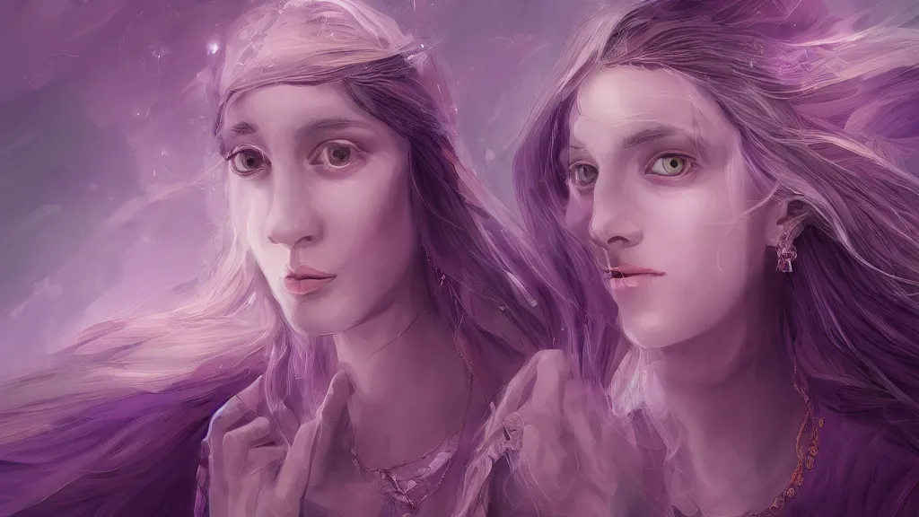 Image similar to an illustration of a mystical spiritual young woman, purple - tinted, wide - angle, high contrast, highly detailed, sharp focus, digital painting, 3 d art, illustration, trending on artstation,