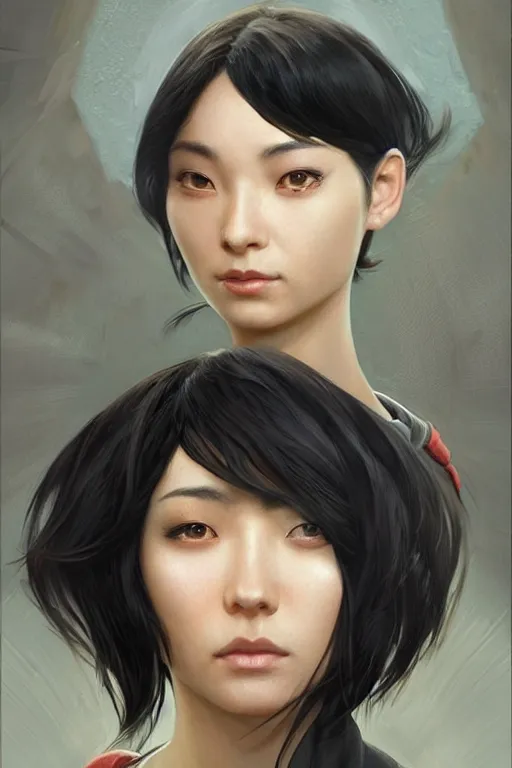 Image similar to science-fiction character portrait of Nakamura Aya, black hair cut in a bob, perfect facial features, highly detailed, digital painting, artstation, upper body, concept art, smooth, sharp focus, illustration, art by artgerm and greg rutkowski and alphonse mucha