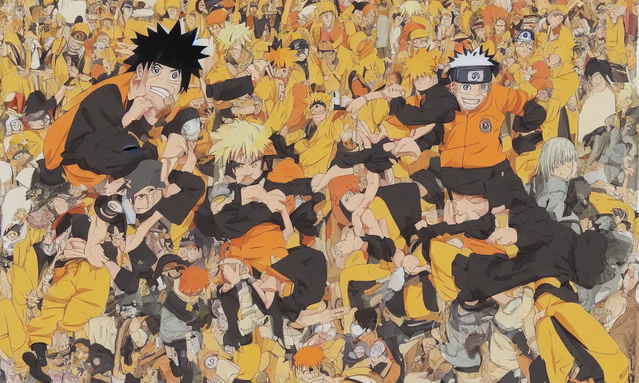 Prompt: a color manga illustration of naruto riding a enormous brown frog that is smoking a pipe in the middle of a busy tokyo intersection. naruto has yellow hair and orange clothes. the view is from ground level and wide angle. the mood is tense and exciting. brilliantly illustrated by masashi kishimoto in a very very well regarded style.