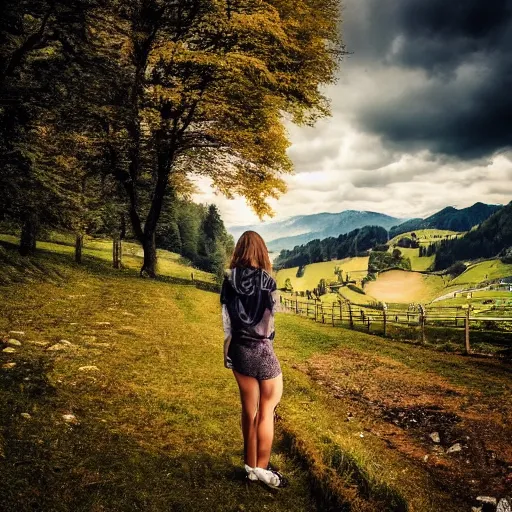 Image similar to a beautiful photograph of a girl with switzerland landscape in the background with trees, hdr, 8 k, high quality, sharp focus, artstation, highly detailed, award - winning, dramatic lighting, beautiful clouds, and nature