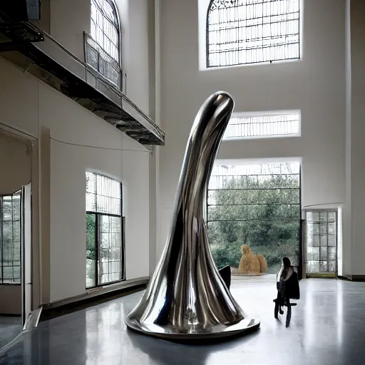 Image similar to giant Italian modern castle living room, clean minimalist design, that is 1300 feet tall, a series of modern stainless steel organic shaped modern sculptures with mirror finish by John Chamberlain, photo by Annie Leibovitz