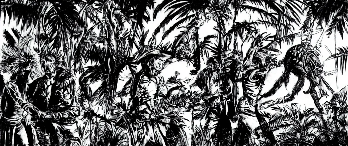 Prompt: aztecs shake hands with aliens in jungle with spaceship. highres. feathers. noir.