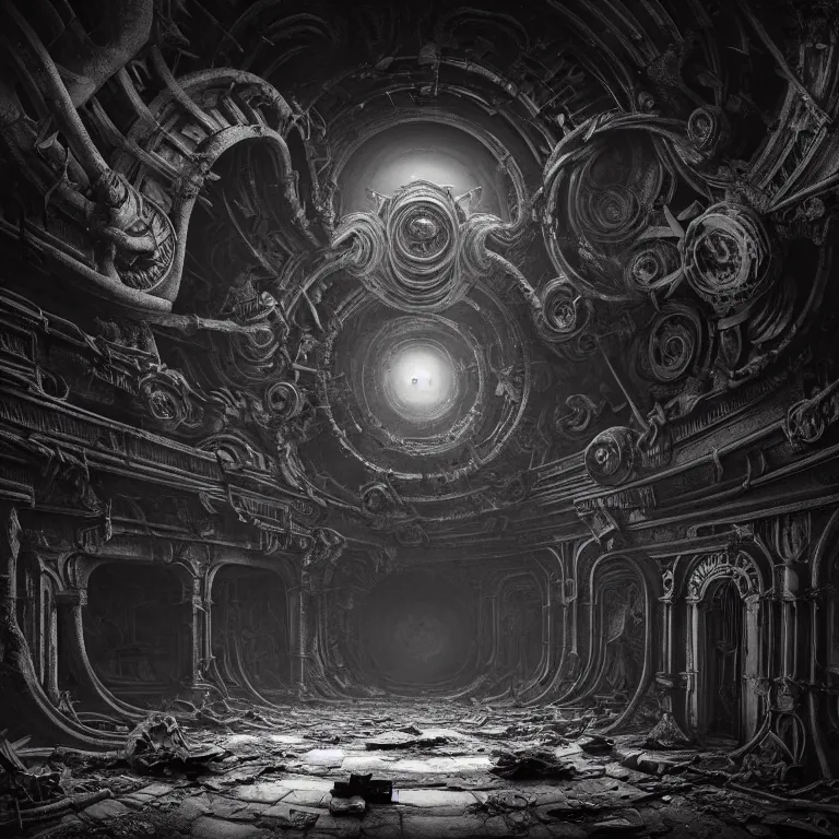 Prompt: surreal dark tunnel inside abandoned ancient alien spaceship covered with biomechanical tubes, surreal abandoned buildings, dream-like heavy atmosphere, baroque painting, beautiful detailed intricate insanely detailed octane render trending on Artstation, 8K artistic photography, photorealistic, volumetric cinematic light, chiaroscuro, Raphael, Caravaggio, Beksinski, Giger