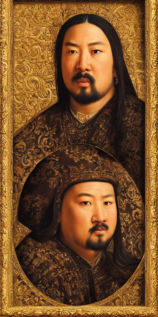 Image similar to Highly detailed and cinematic Renaissance period portrait oil painting Kublai Khan, an oil painting ((masterpiece)) by ((Josep Tapiró Baró)), dynamic lighting, 8K