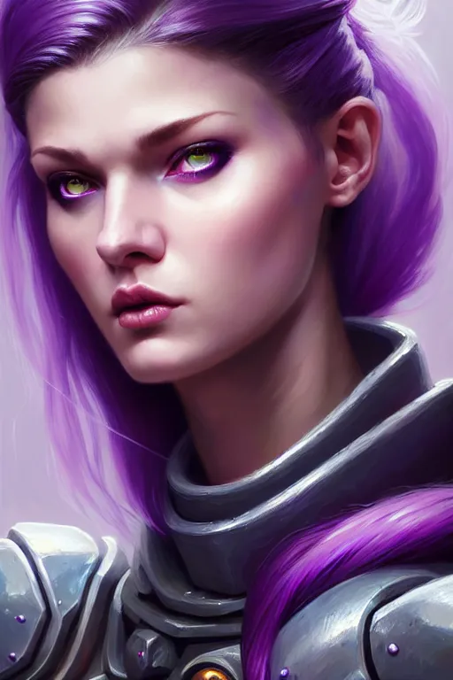 Prompt: alexey gurylev, close up portrait, pale woman in power armor with purple ponytail hair, mysterious, deep focus, d & d, fantasy, complex, elegant, highly detailed, digital painting, artstation, concept art, matte, clear focus, illustration, hearthstone, artgerm art, greg rutkovsky and alphonse mucha