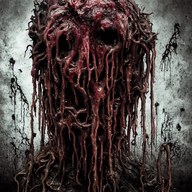 Image similar to ribbed abandoned melting surreal dripping face portrait, covered with tentacles, spines, roots and organic rotten flesh meat, baroque painting, standing in a desolate empty wasteland, creepy, nightmare, dream-like heavy atmosphere, surreal abandoned buildings, beautiful detailed intricate insanely detailed octane render trending on Artstation, 8K artistic photography, photorealistic, chiaroscuro, Raphael, Caravaggio, Beksinski, Giger