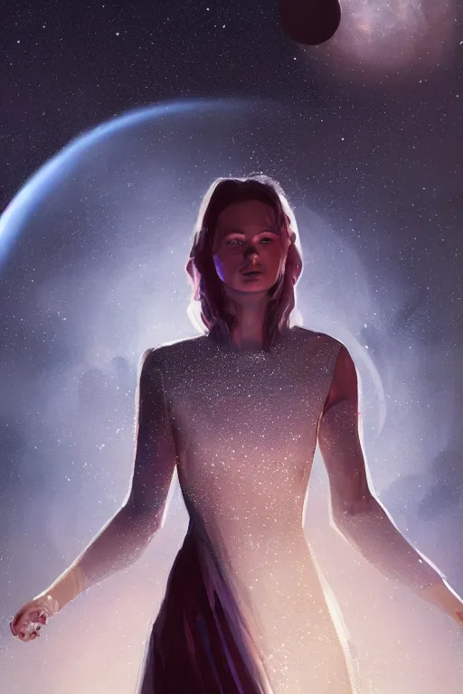 Image similar to a woman, wearing a dress made of stars, rim lighting, dramatic, planets in the background, smooth, sharp focus, very detailed, by greg rutkowski, artstation, tom badshaw, 8 k, symmetrical detailed face