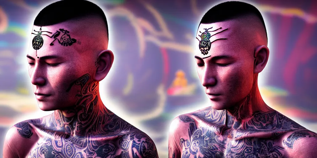 Prompt: meditating monk with mohawk and tattoo on face and cybernetic enhancements, psychedelic visuals, ultra realistic 8 k resolution.