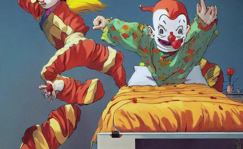 Image similar to the silly clown awoke from its slumber beneath the bed frame, digital painting masterpiece, haunting beautiful brush strokes, painted by Moebius and Hayao Miyazaki and Akira Toriyama