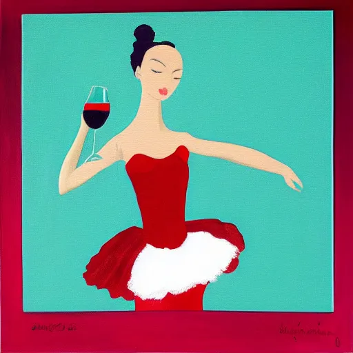 Image similar to square painting of a ballerina drinking wine in a teal room all on a red background