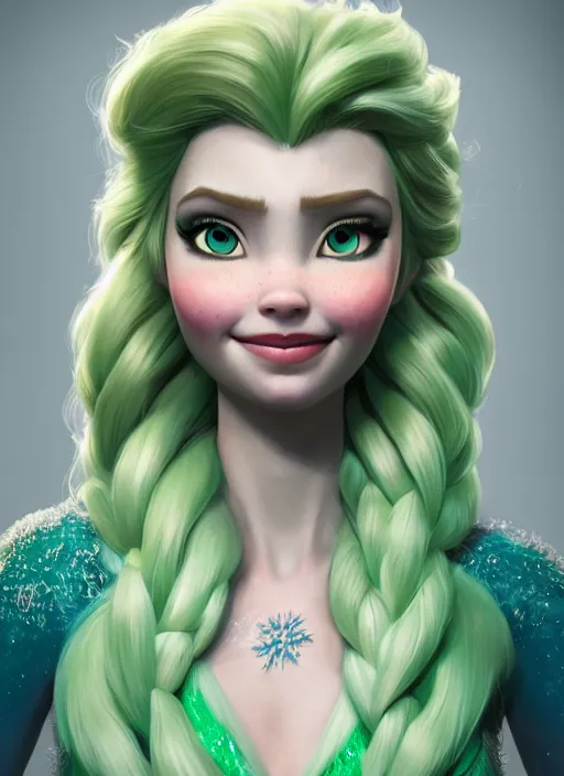 Image similar to portrait of elsa from frozen with green hair, hyper detailed, digital art, trending in artstation, cinematic lighting, studio quality, smooth render, unreal engine 5 rendered, octane rendered, art style by klimt and nixeu and ian sprigger and wlop and krenz cushart.