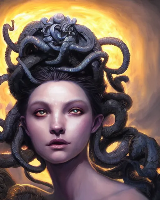 Image similar to portrait of a gorgeous Medusa , magic the gathering artwork, D&D, fantasy, cinematic lighting, centered, symmetrical, highly detailed, digital painting, artstation, concept art, smooth, sharp focus, illustration, volumetric lighting, epic Composition, 8k, art by Akihiko Yoshida and Greg Rutkowski and Craig Mullins, oil painting, cgsociety