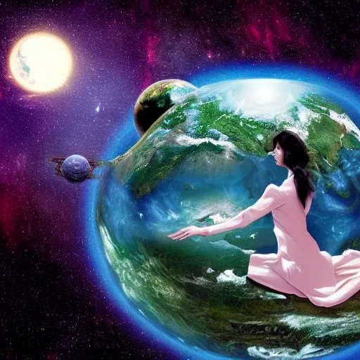 Image similar to planet earth depicted as a sleeping female hyperdimensional alien dreaming all life, people and animals into existance