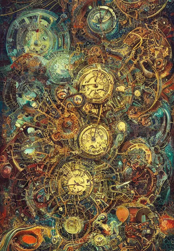 Image similar to simplicity, elegant, muscular eldritch clockwork, machinery, industry, radiating, colorful mandala, psychedelic, overgrown garden environment, by ryan stegman and esao andrews and maria sibylla merian eugene delacroix, gustave dore, thomas moran, pop art, street art, graffiti, saturated