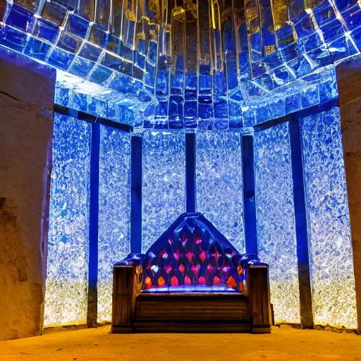 Image similar to ruins of a medieval throne room with all seats replaced by people encased in crystaline prisons, illuminated in blue light by a large crystal, perspective from the entrance, eerie ambience, handdrawn