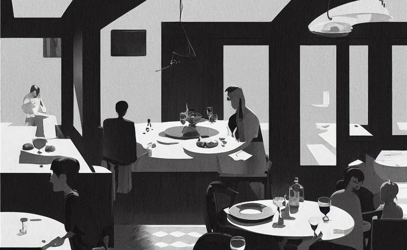 Prompt: an emotional surreal mysterious dinner scene illustration by atey ghailan and escher and edward hopper,