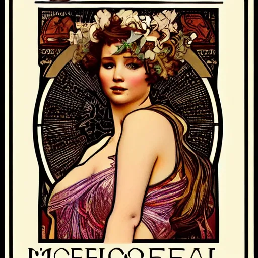 Prompt: jennifer lawrence portrait by louis - theophile hingre and alphonse mucha, realistic, sharp focus, zodiac signs, tarot cards, planets, ethereal, art nouveau, magic, moon, sun, crown, dreamy, royal, jewellery