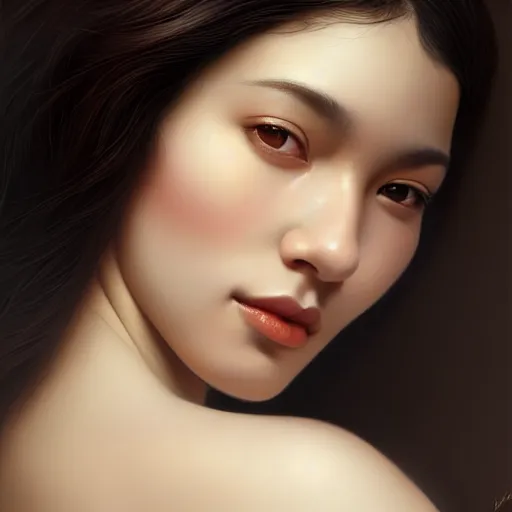 Prompt: portrait of a very very beautiful woman, square-faced, sand-colored skin, harried bun of black hair, korean, soft details, dark brown eyes, matte painting oil on canvas by mark arian by artgerm, trending on artstation, 4k, 8k, HD