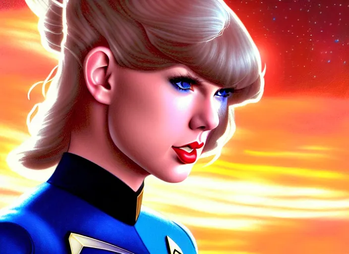 Image similar to a disney film still of taylor swift as a star trek officer, finely detailed features, closeup of the face, perfect art, dusk, blue hour, gapmoe yandere grimdark, trending on pixiv fanbox, painted by greg rutkowski, makoto shinkai, takashi takeuchi, alphonse mucha, akihiko yoshida