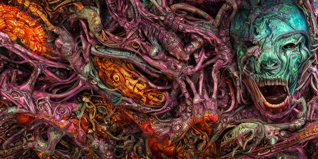 Image similar to dreamscape, giger, vivid colors, colorful, anatomical, highly detailed sculpture, intricate detailed, ommatidia, 8 k, cinematic atmosphere, post - processing