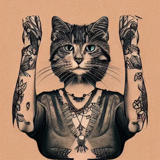 Prompt: [ [ anthropomorphic human - like cat ] ]!! [ with tattoos on its arms ]!!, trending on unsplash, [ 4 k photorealism ], 8 k quality, intricate, detailed