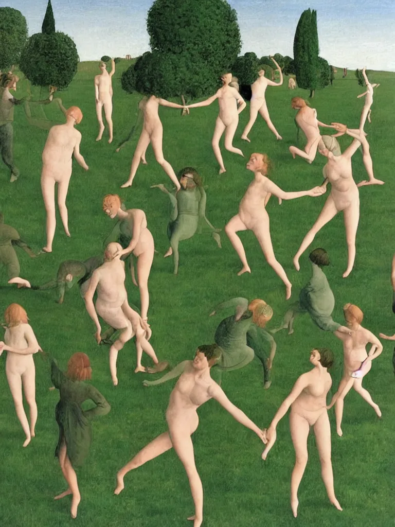 Image similar to A stylish group of disco dancers, dancing outside in a lush green field, pastel colors, long shadows. Painting by Alex Colville, Piero della Francesca