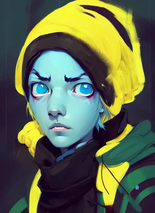 Image similar to highly detailed portrait of a sewer punk lady student, blue eyes, tartan hoody, hat, white hair by atey ghailan, by greg tocchini, by jesper ejsing, gradient yellow, black, brown and cyan color scheme, grunge aesthetic!!! ( ( graffiti tag wall ) )