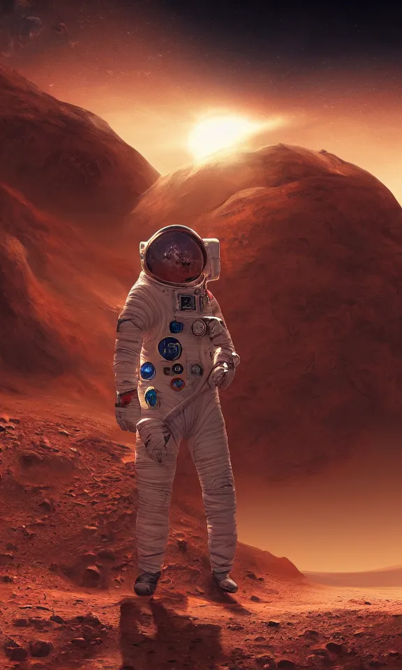 Image similar to astronaut posing on mars, portrait, full body shot, digital art, concept art, fantasy art, highly detailed, hd wallpaper, hdr, artstation, deviantart, behance