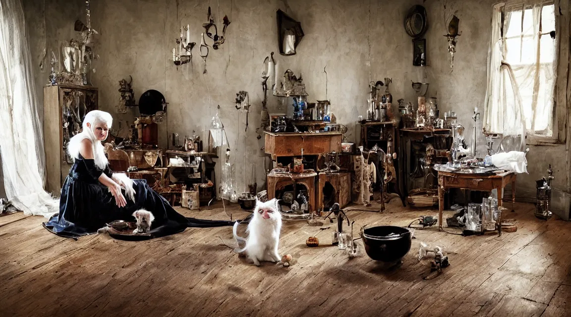 Image similar to full body protrait beautifull witch with white hair in old room. A cristal ball on a wood table with a potions and old instruments. A cat on the floor licking his paw. photorealistic, profesional photo, by Steve McCurry