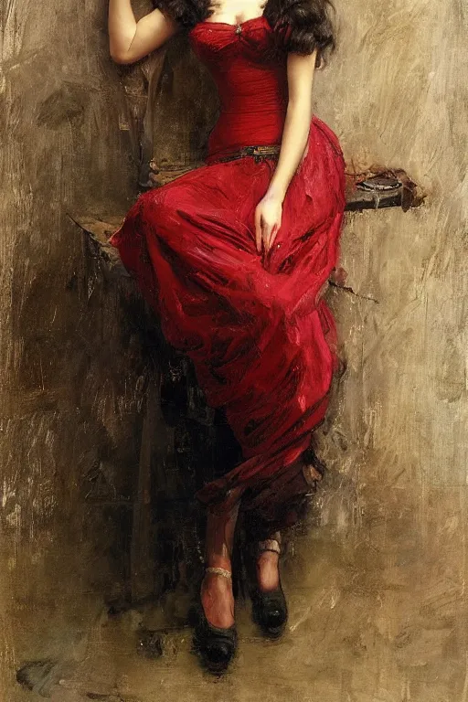 Image similar to Solomon Joseph Solomon and Richard Schmid and Jeremy Lipking victorian genre painting full length portrait painting of a young beautiful woman traditional german french Brigitte Bardot barmaid in fantasy costume, red background