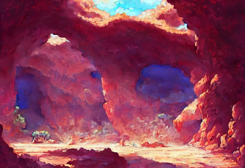 Image similar to a cave entrance in a desert with crystals inside the cave, intricate oil painting, high detail illustration, sharp high detail, manga and anime 1 9 9 9, official fanart behance hd artstation by jesper ejsing and makoto shinkai, 4 k,