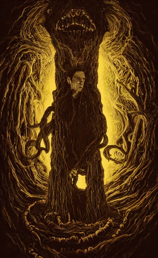 Image similar to lovecraftian portrait of jerma, surrounded by beams of light dark background by wayne barlow, stanley donwood, anton semenov, zdzislaw bekinski, hr giger, 8 k, fantasy, dark, highly detailed