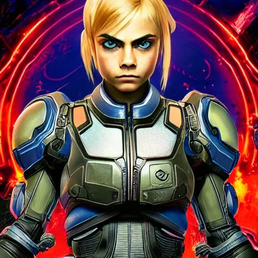 Image similar to Symmetric movie poster of Cara delevingne as Samus Aran , Gears of War cover art, ultra wide lens shot,cinematic lighting, beautiful,art by Artgerm and Greg Rutkowski and Alphonse Mucha